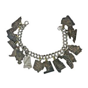 VTG 60's STERLING SILVER STATES CHARMS BRACELET USA Travel